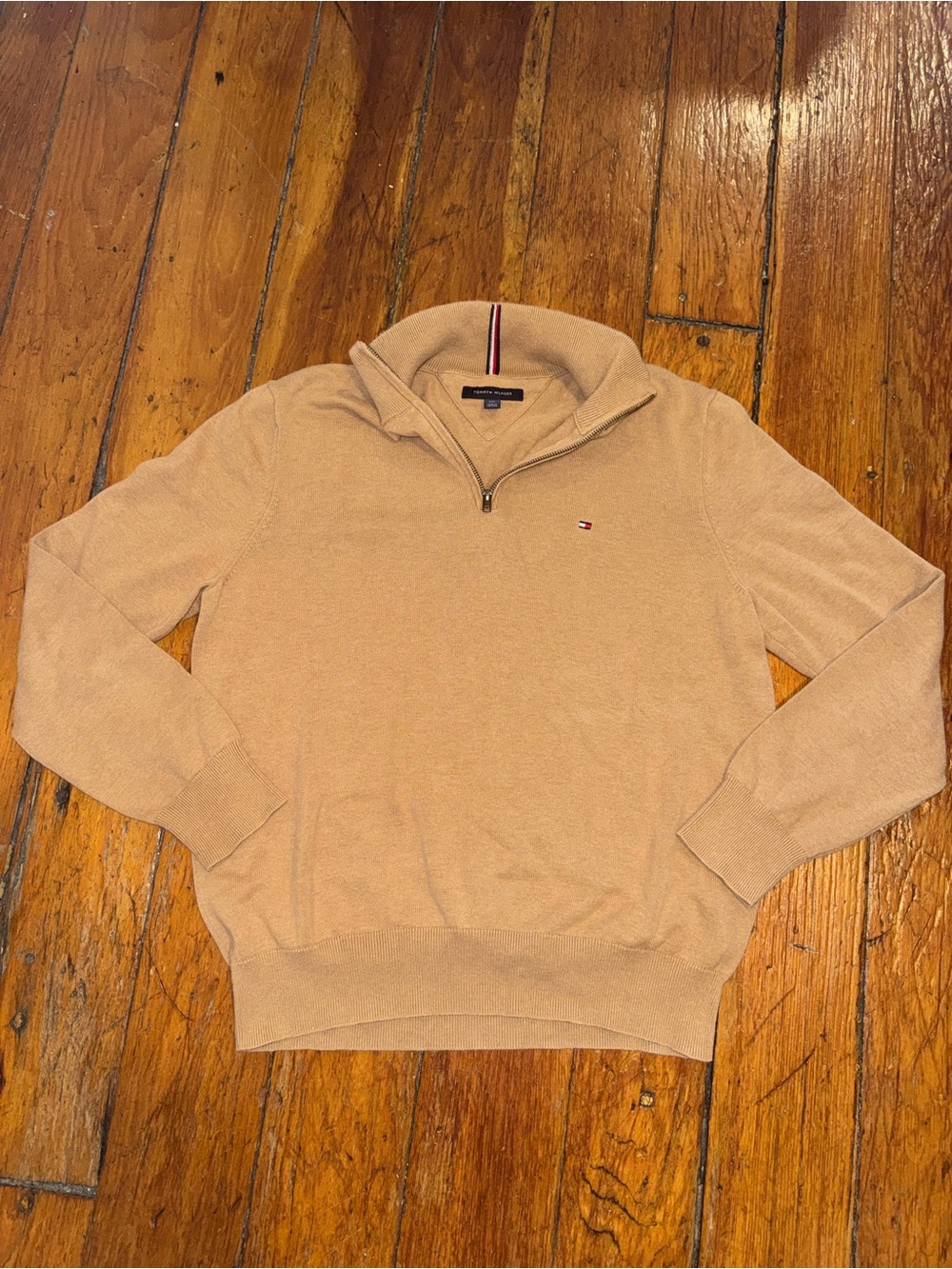 Tommy Hilfiger Men’s XL Tan Camel Quarter Zip Pullover Sweater Flag Logo